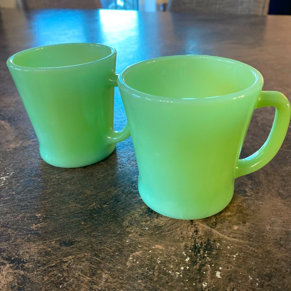 Two Vintage Anchor Hocking Fire King Jadeite D-Handle Mugs